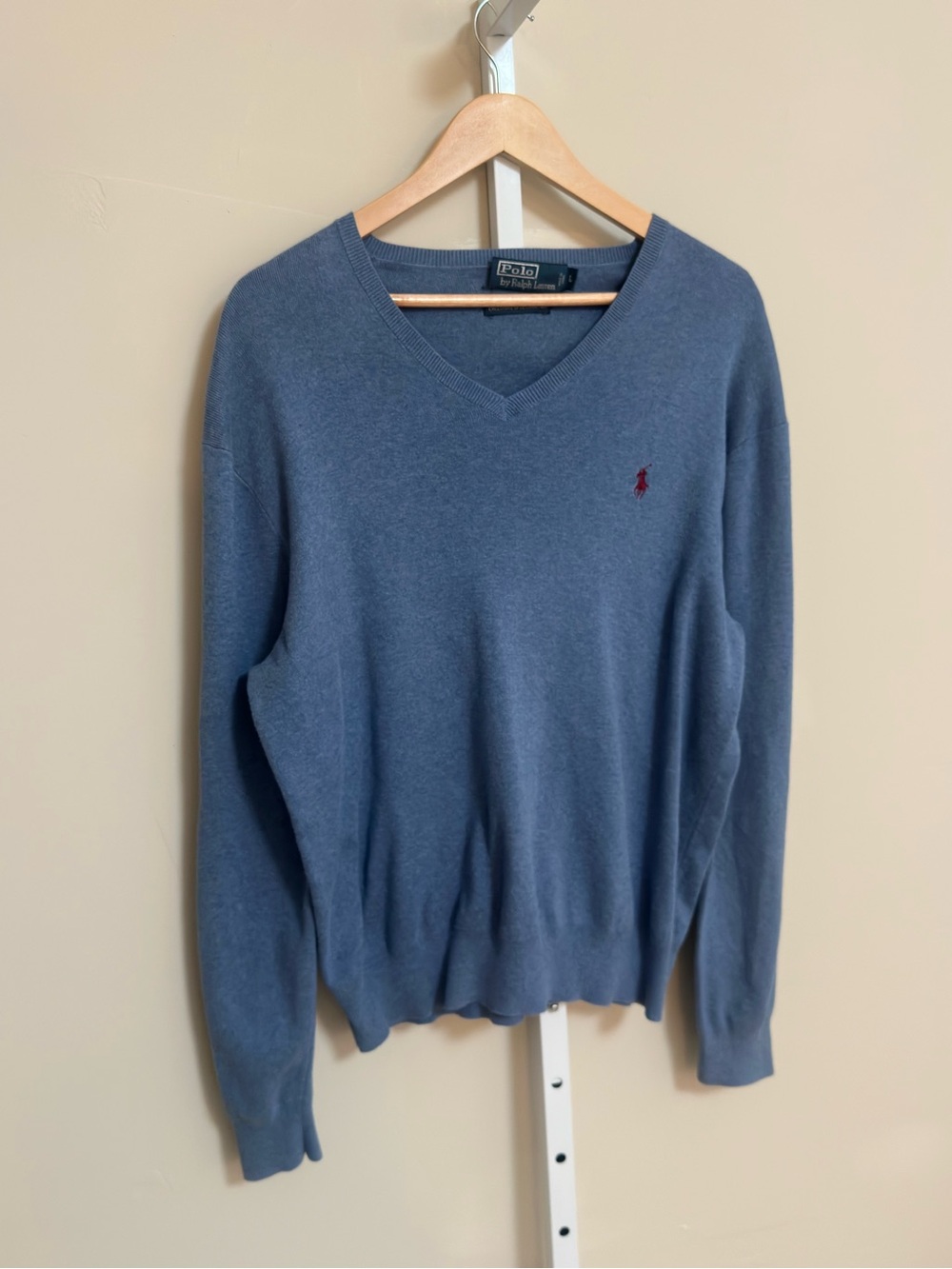 Polo by Ralph Lauren Size L Blue Pima Cotton V-Neck Sweater Preppy